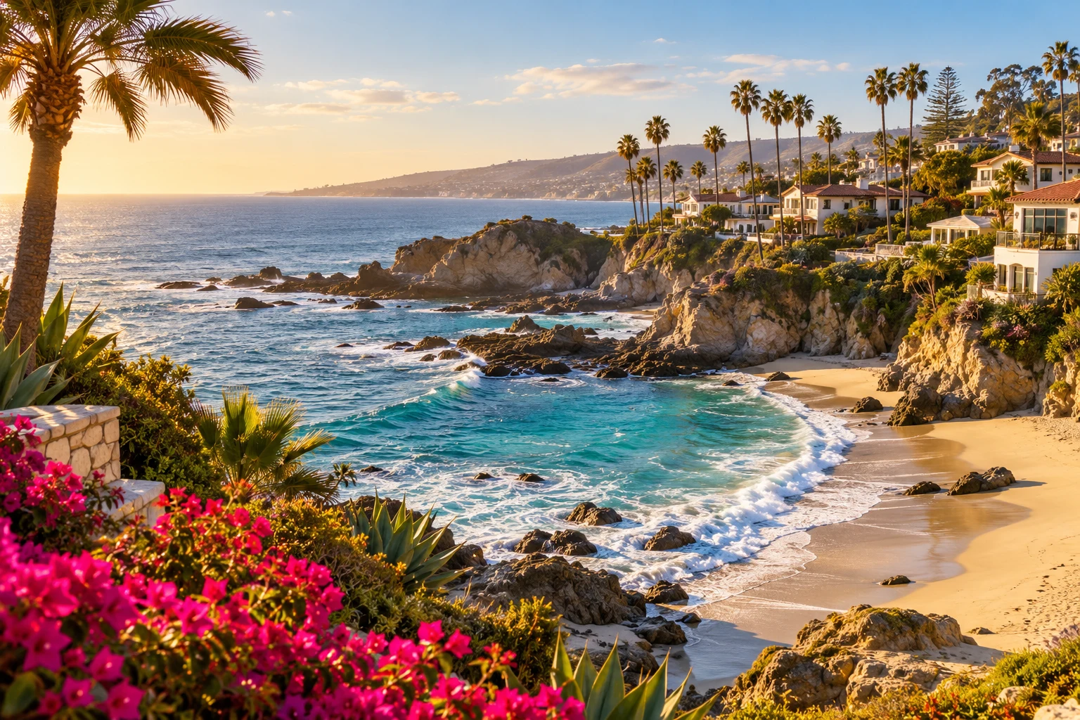 Turquoise Pacific cove beside a Southern California coastal village