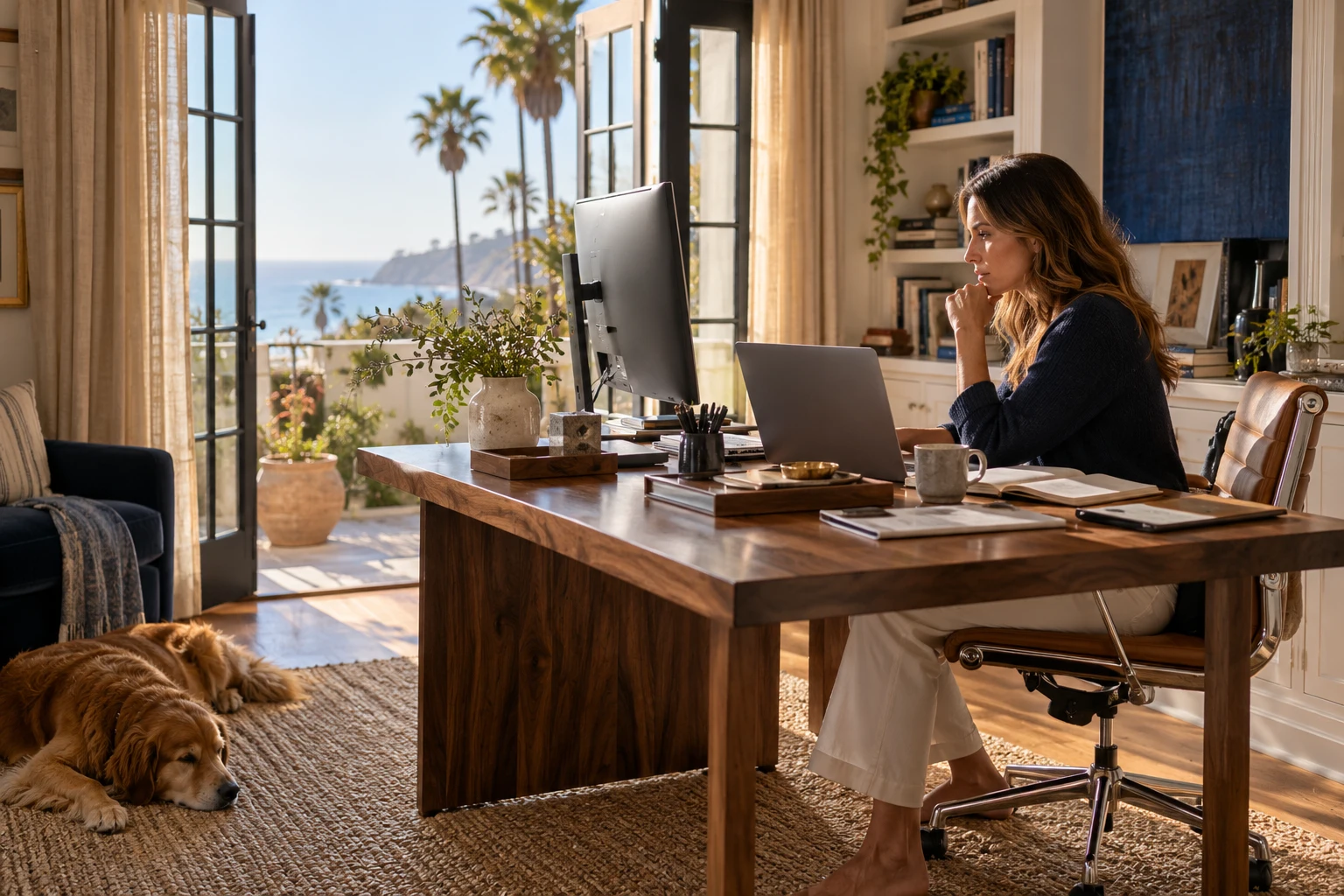 Business owner working in a bright coastal home office