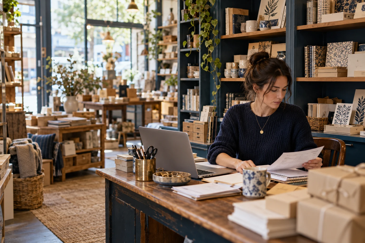 Independent shop owner reviewing orders at her store desk