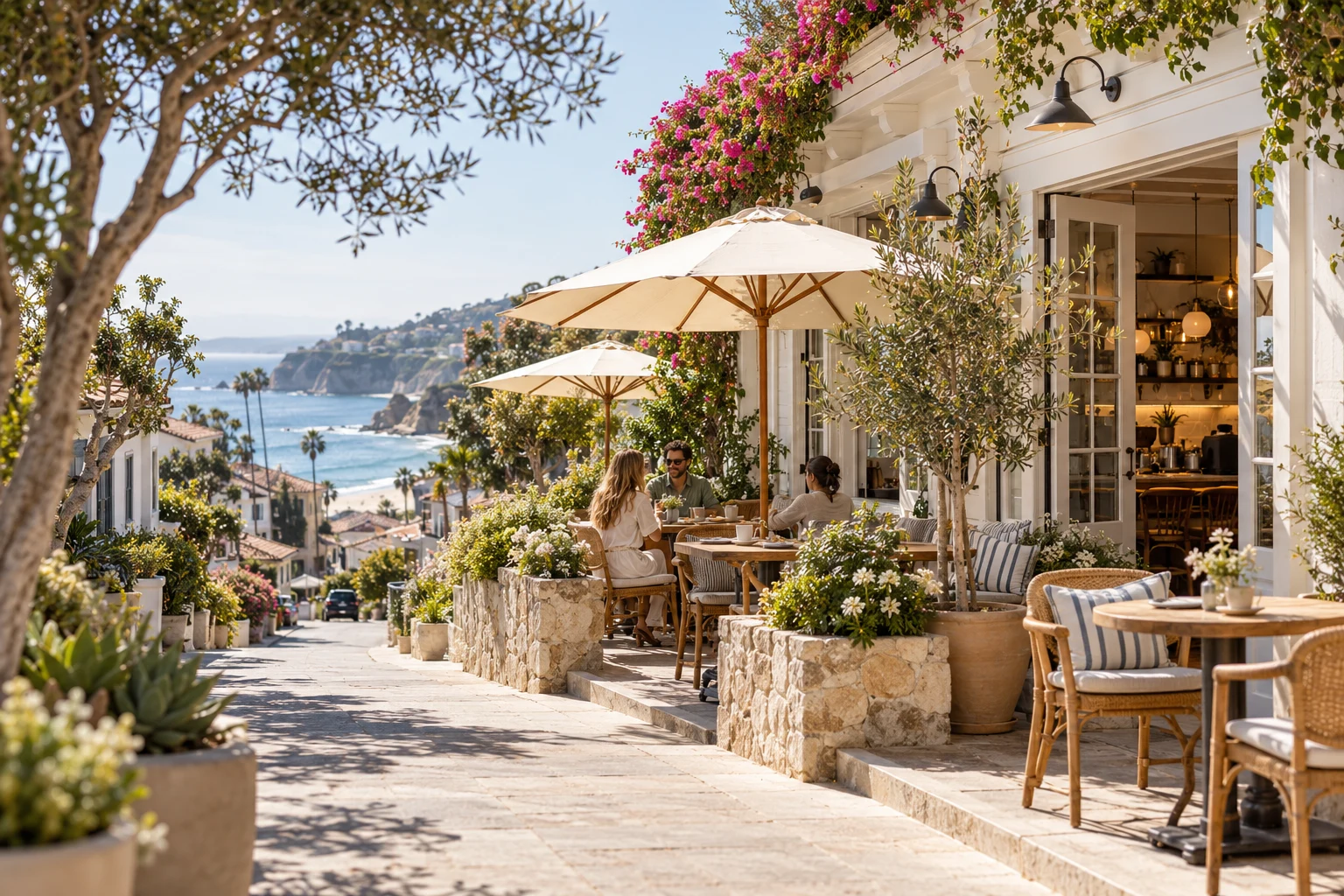 Sidewalk café terrace overlooking a Southern California inspired coastal street