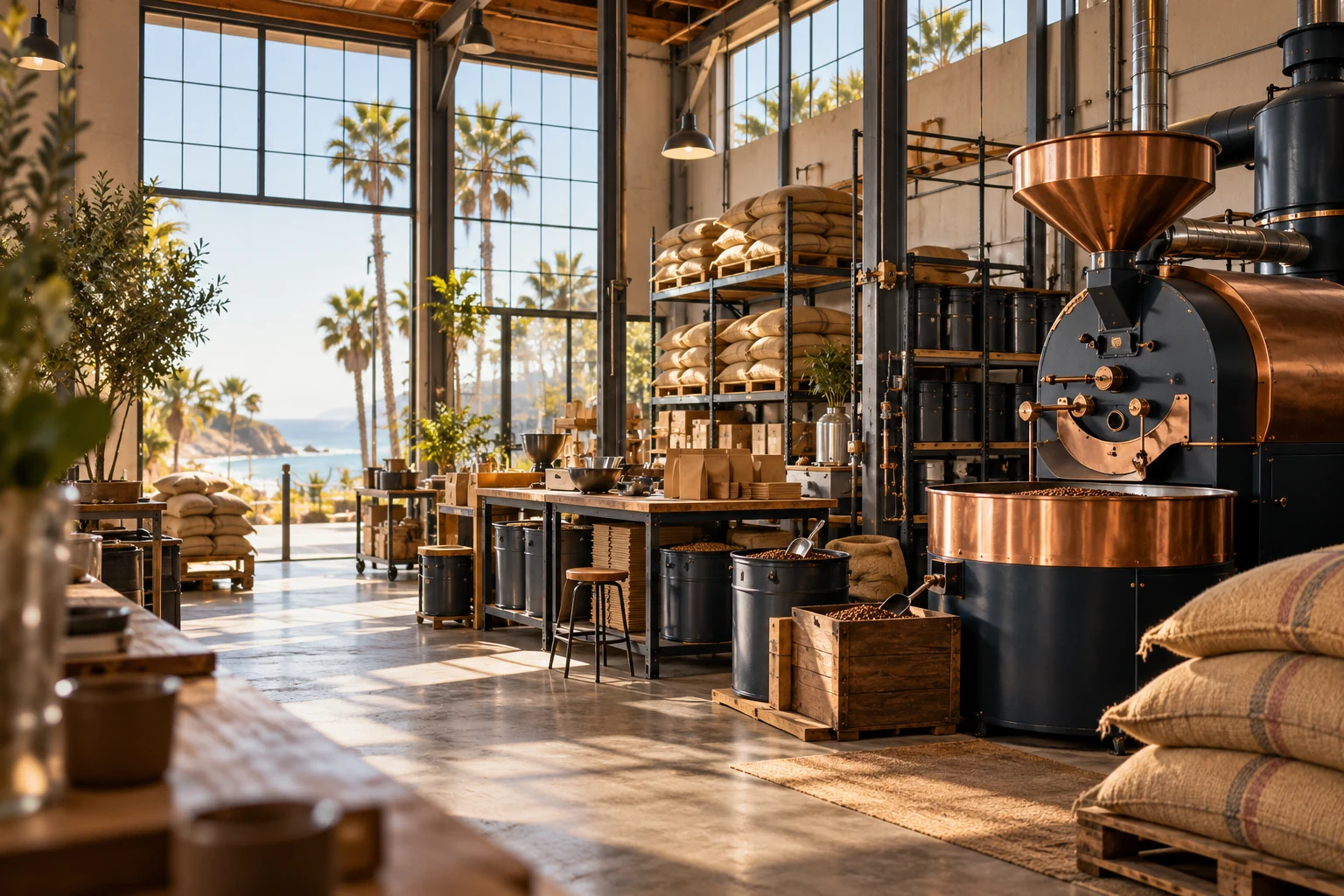 Coffee roastery with neatly organized sacks and production equipment