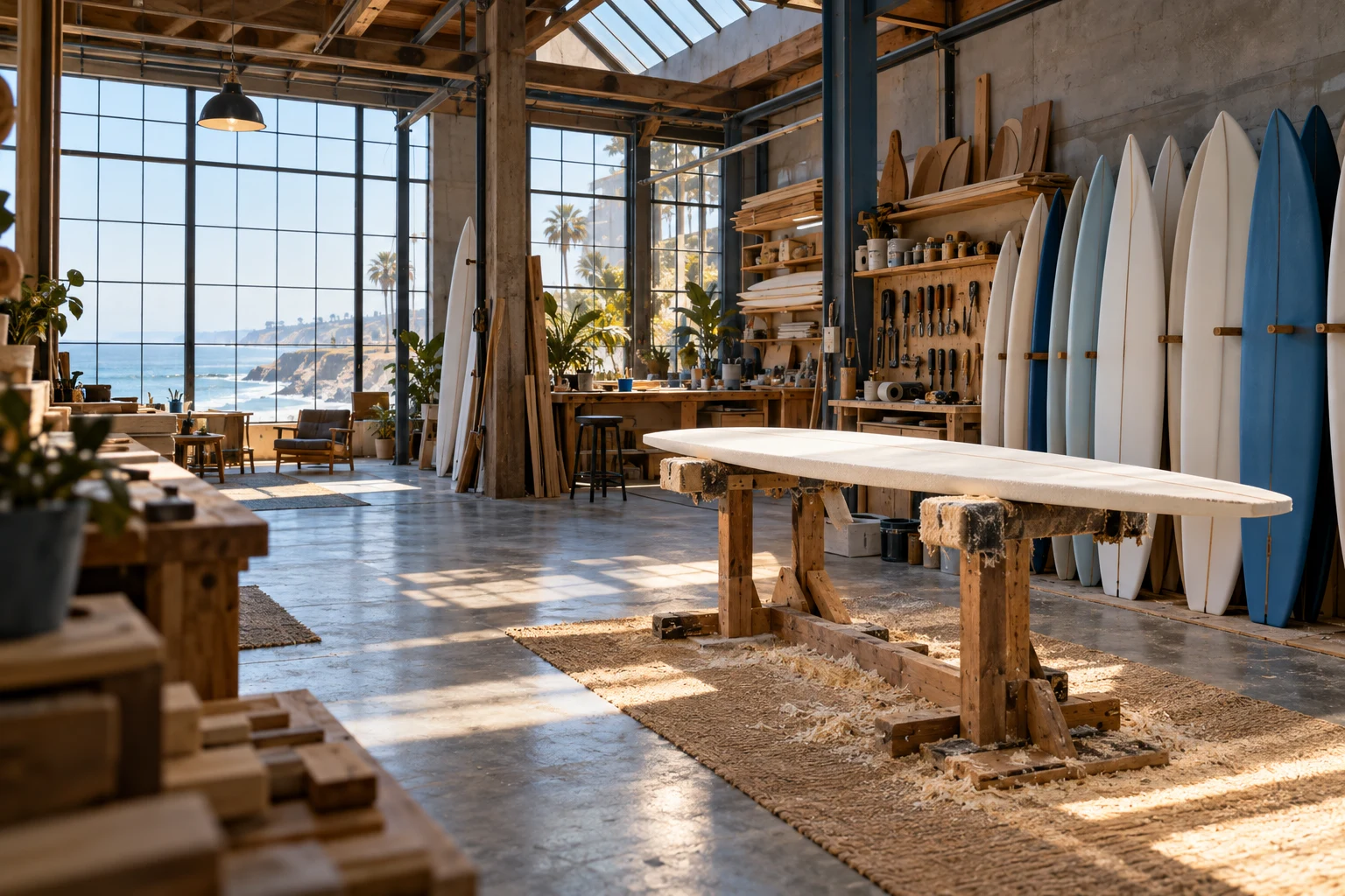 Surfboard workshop with organized materials and natural coastal light