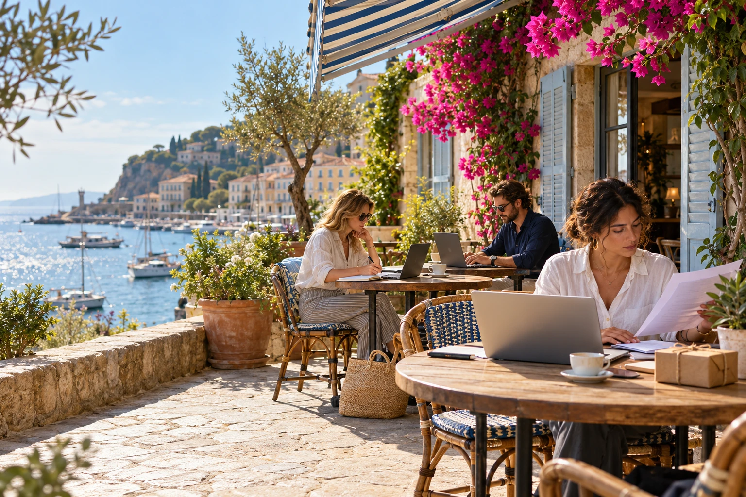 People working on laptops and order paperwork at a seaside café terrace