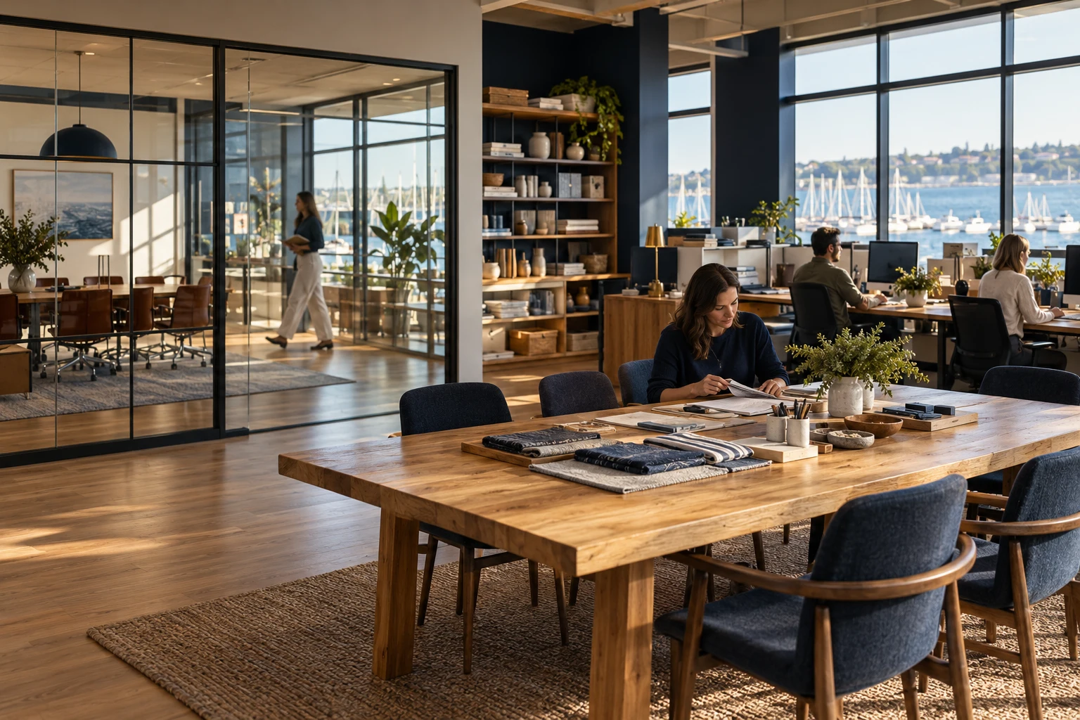 Small-business headquarters with workstations, samples and a meeting space