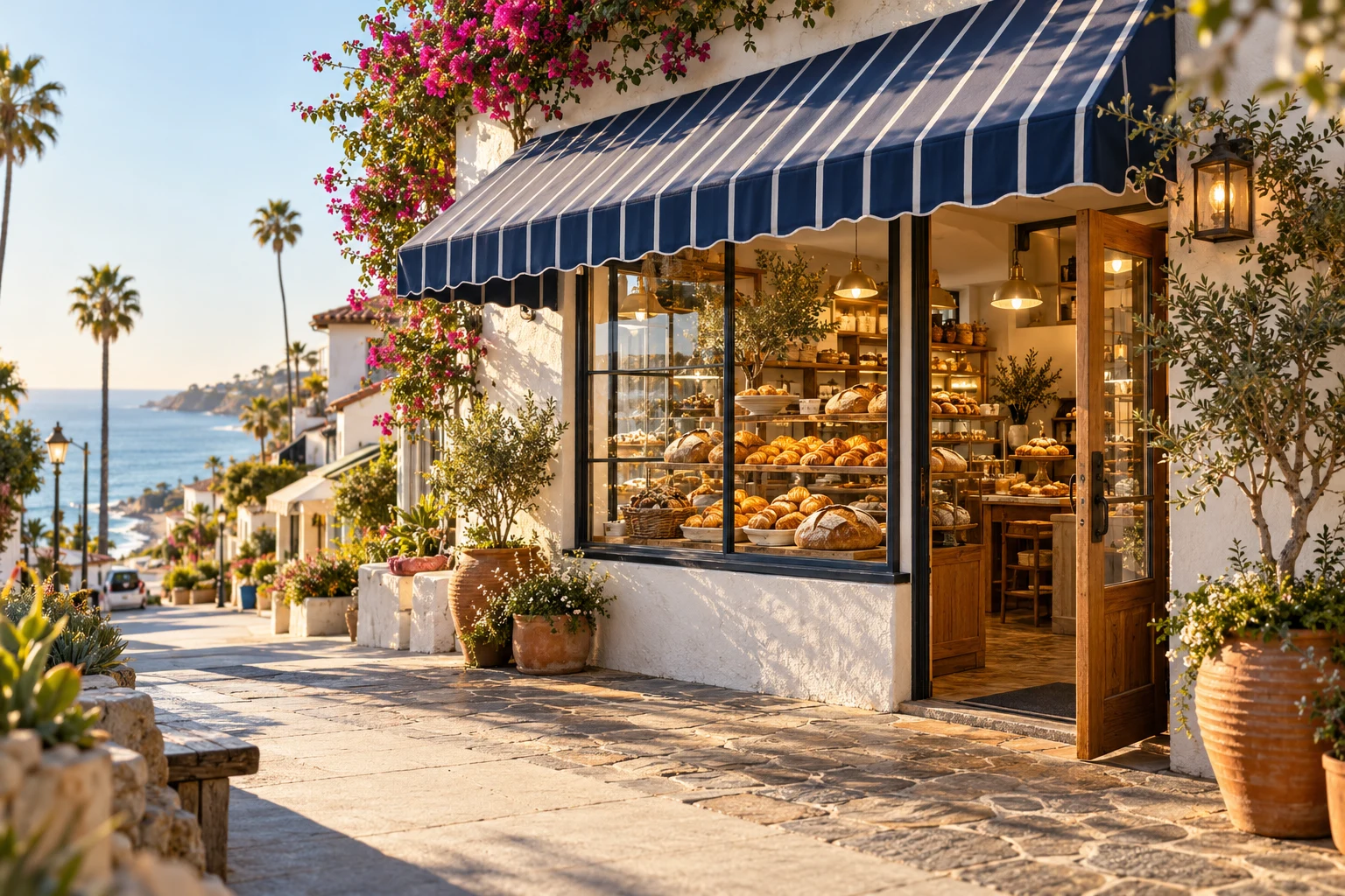 Sunlit coastal bakery storefront with a navy awning and a warm pastry window