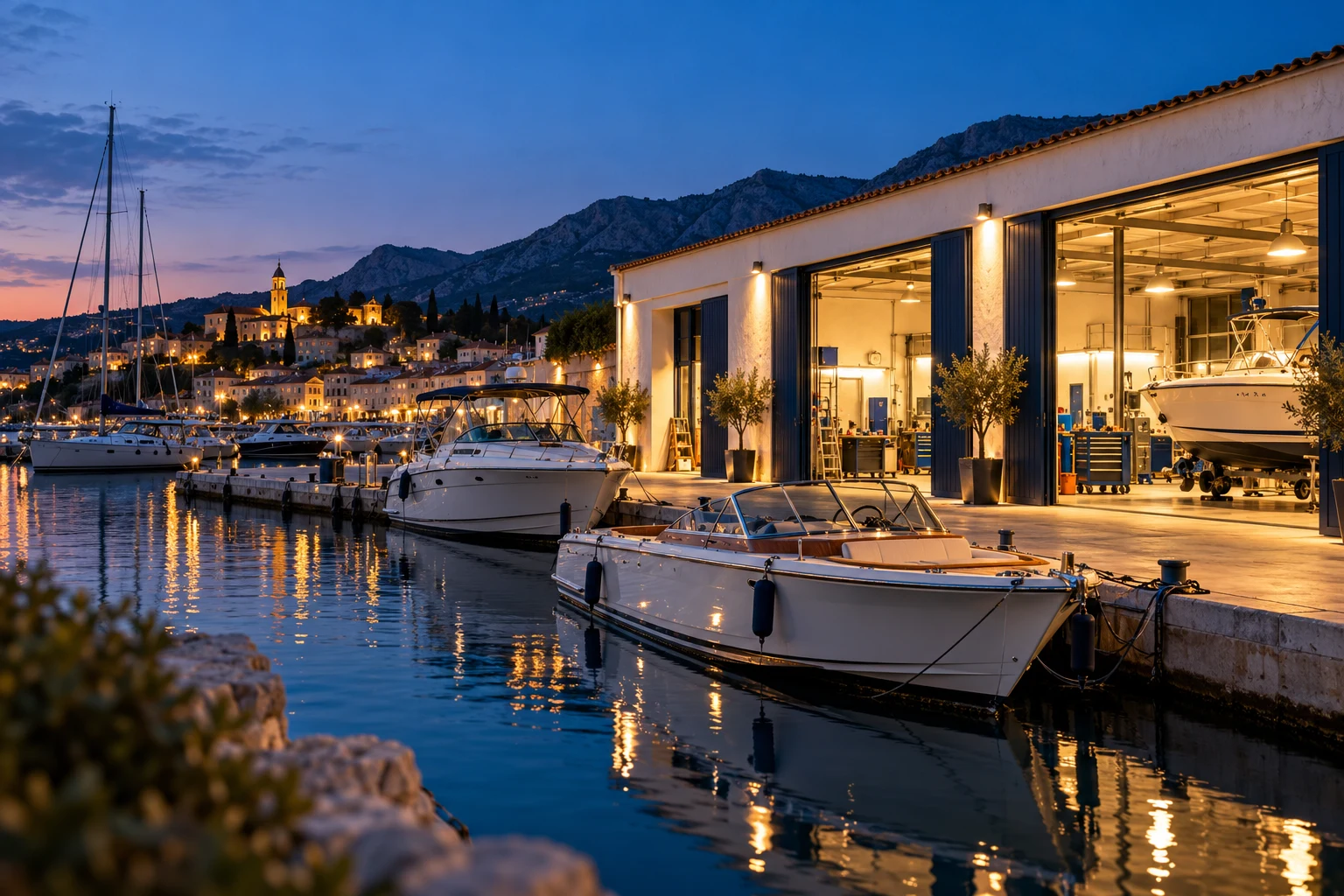 Marine service workshop beside a blue-hour harbor