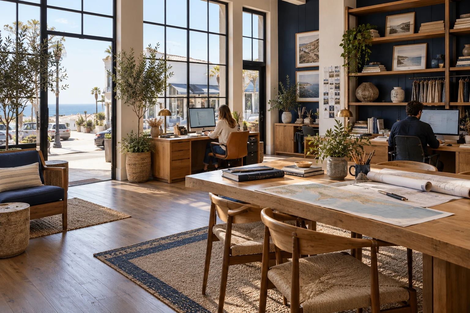 A small-company studio with distinct workstations and product samples